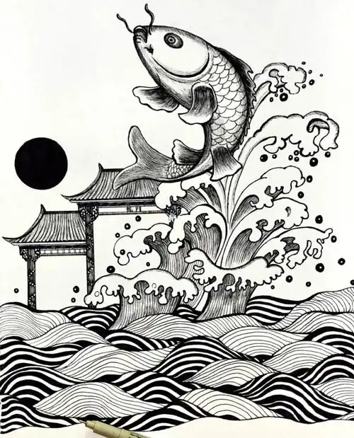 鱼跃龙门黑白线描练习24