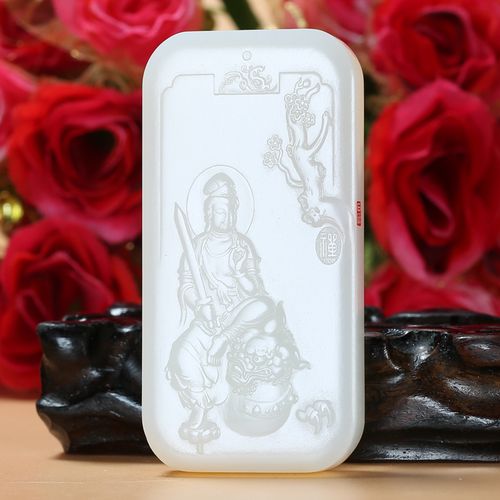 皇贵人玉雕大师王磊作品 和田玉羊脂白玉文殊菩萨玉牌79克 贵圈珠宝