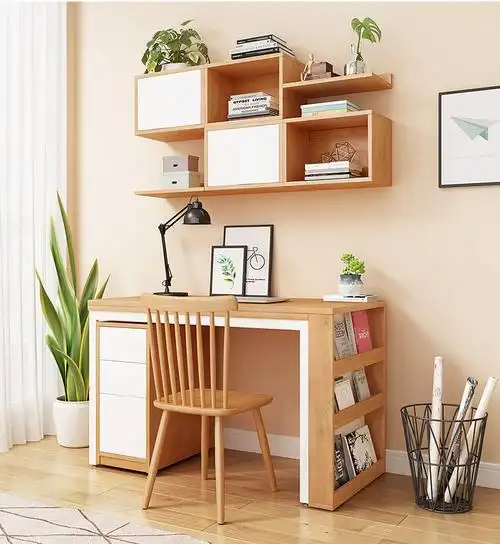 多功能书桌抽屉柜吊柜组合电脑桌简约写字桌原木色书房家用多功能书桌
