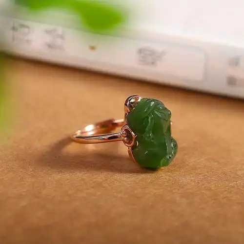 与共南方南方纯银饰品和田玉碧玉女款优雅民族风貔貅戒指—戒指/指环