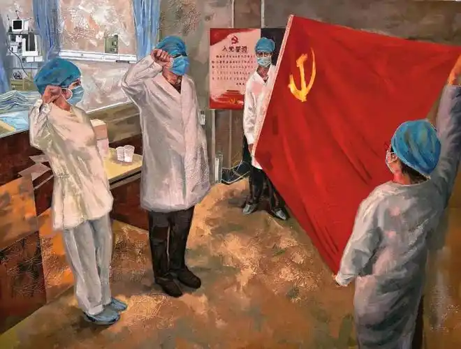 张博英《一线战"疫"- 党旗飘扬》油画 100×130cm