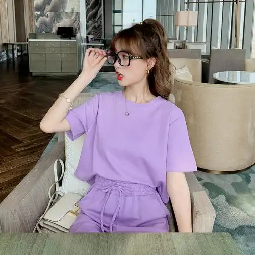 减龄休闲套装女2020春季新款紫色短袖t恤九分裤时尚小个子两件套