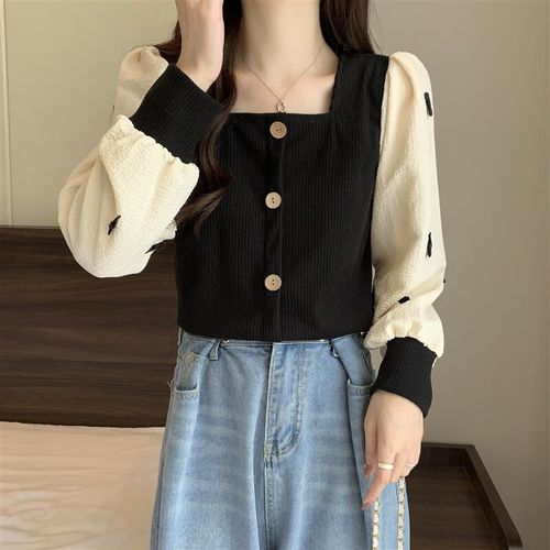 外套女春秋款学生假两件方领衬衫装秋季内搭mm露锁骨短款拼接显瘦