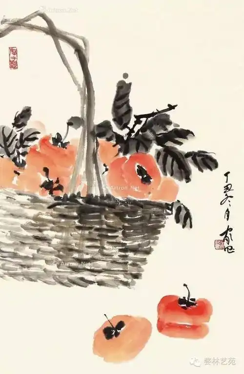 诸乐三朱屺瞻齐白石王雪涛名家国画柿子欣赏步骤六:补写背景,调整完善