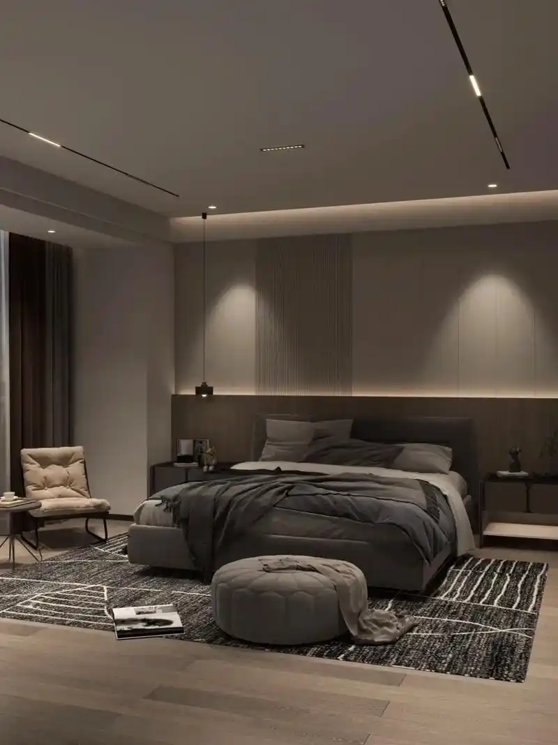 深色调的卧室氛围感可不是盖的,细腻宁静温暖人心 无主灯的设计在满足