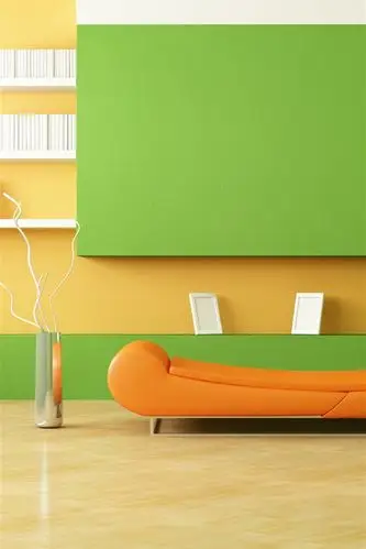 简约房,沙发,灯,橙色和绿色风格,室内设计 4k