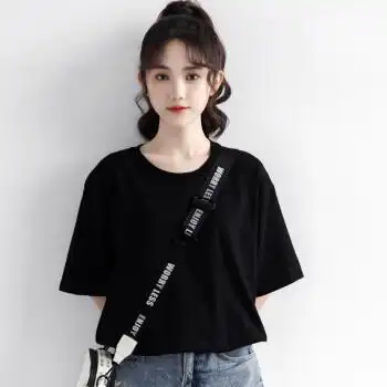 2022夏季新款黑色纯棉黑色t恤女夏宽松简约纯色休闲百搭半袖上衣黑色s