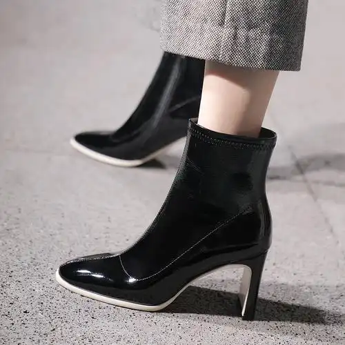 姝菲2018年冬季女鞋短靴新款欧美【牛漆皮】圆头粗跟高跟鞋真皮女靴短