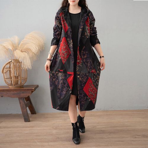 【秋冬款毛呢大衣女】秋冬棉麻印花开衫风衣连帽加绒民族风盘扣外套