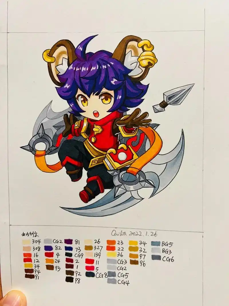 王者李元芳马克笔临摹手绘步骤图 这次感觉是用的颜色最多的一次小画