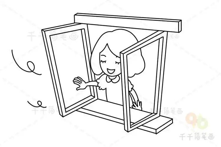 画卡通开窗的小孩黑白简笔画图片素材预防肺炎 开窗通风简笔画勤通风