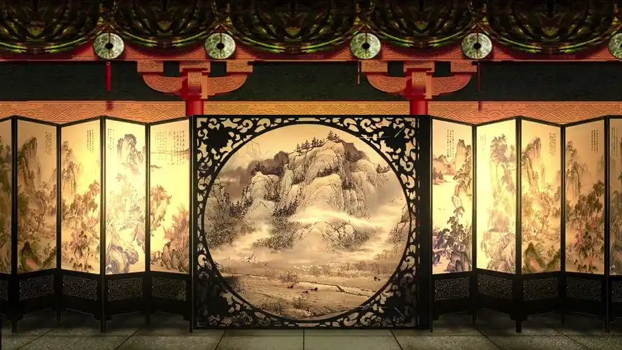 932led大屏幕高清视频素材古代典雅山水画屏风唱戏曲舞台动态背景