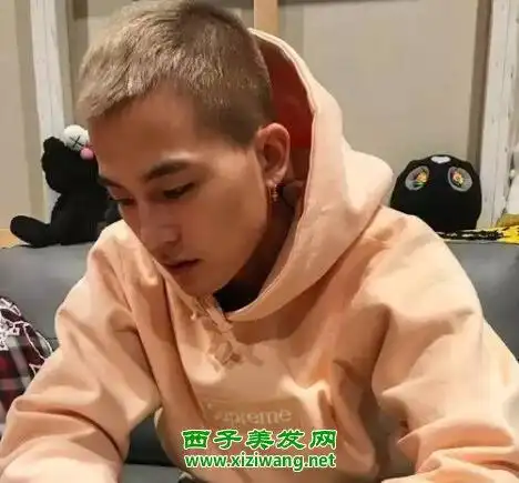 中间长两边短的剃鬓角板寸头,结合了浅亚麻色的染发色之后,整个人清爽