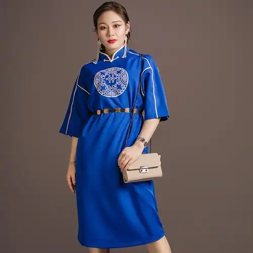 蒙古元素服装女2019年春夏新款民族风中长款短袖高腰双层麻连衣裙