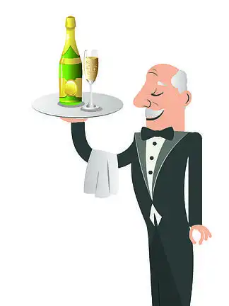 卡通仆人在托盘上放着一瓶和一杯香槟.