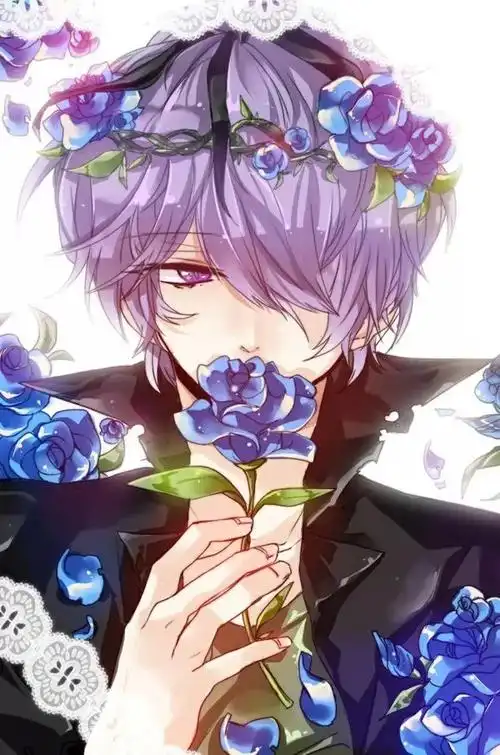 求动漫图片 正面男孩 手握蓝玫瑰