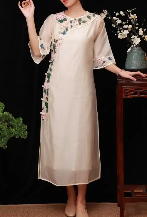 花间里民国风复古倒大袖改良旗袍女春夏新品修身显瘦气质连衣裙薄