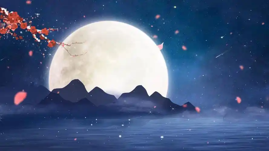 古风国潮山水月亮背景唯美中秋节圆月led背景4k4k浪漫唯美小女孩与猫