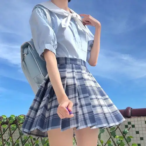 scch校供感狗蓝格辣妹格子jk制服百褶裙蓝了海半身裙