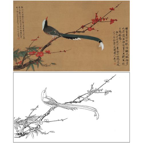 【大彩图】于非闇工笔画白描底稿《红梅鹧鸪图》花鸟线稿a190