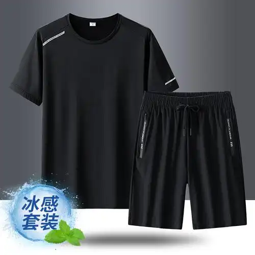 男士跑步套装运动冰丝男夏季速干短裤短袖运动服五分裤夏天七分裤