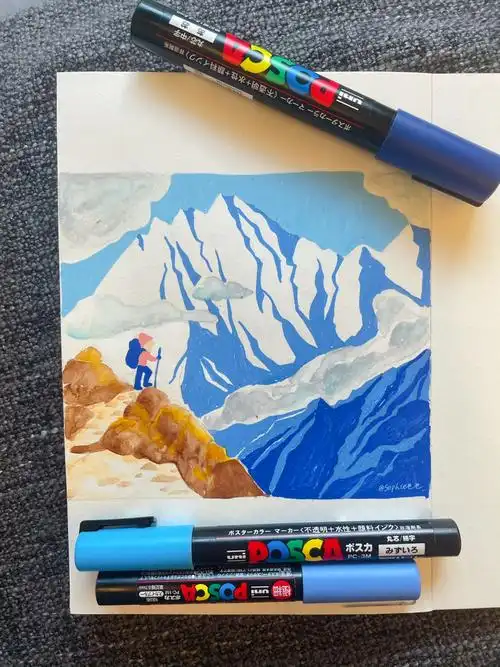 雪山|posca风景画|手绘彩色风景小画