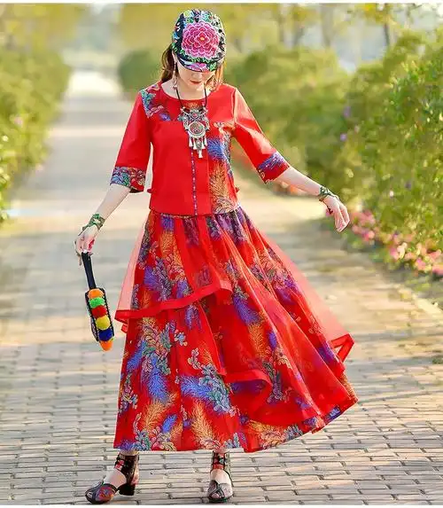 民族风服装女复古两件套显瘦裙子2022春季红色套裙时尚纱裙套装女