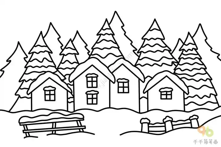 冬天雪屋雪景简笔画