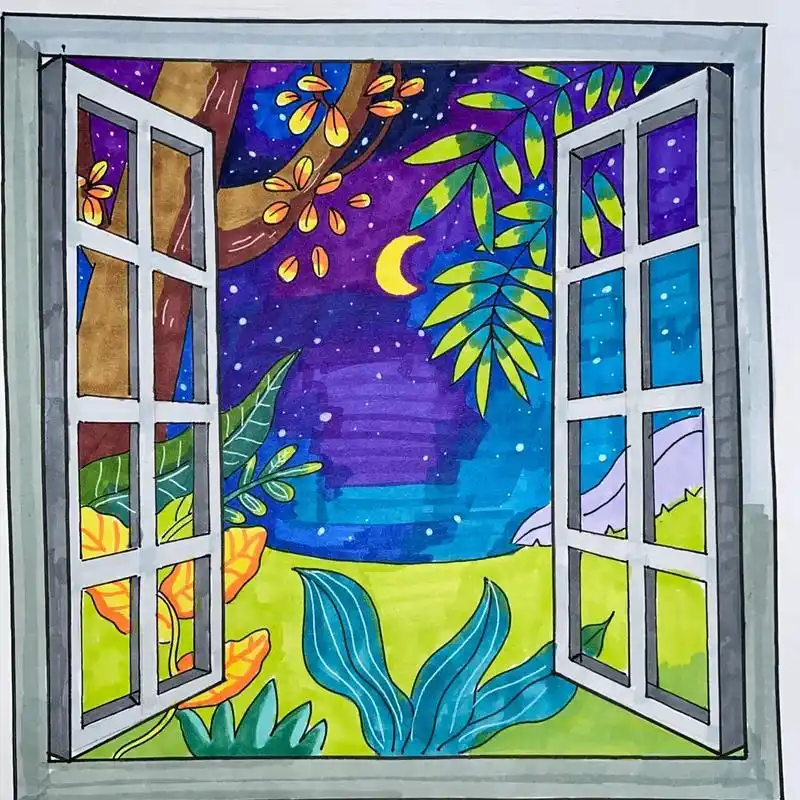 客订儿童画 窗外的风景 美术作业 马克笔绘画