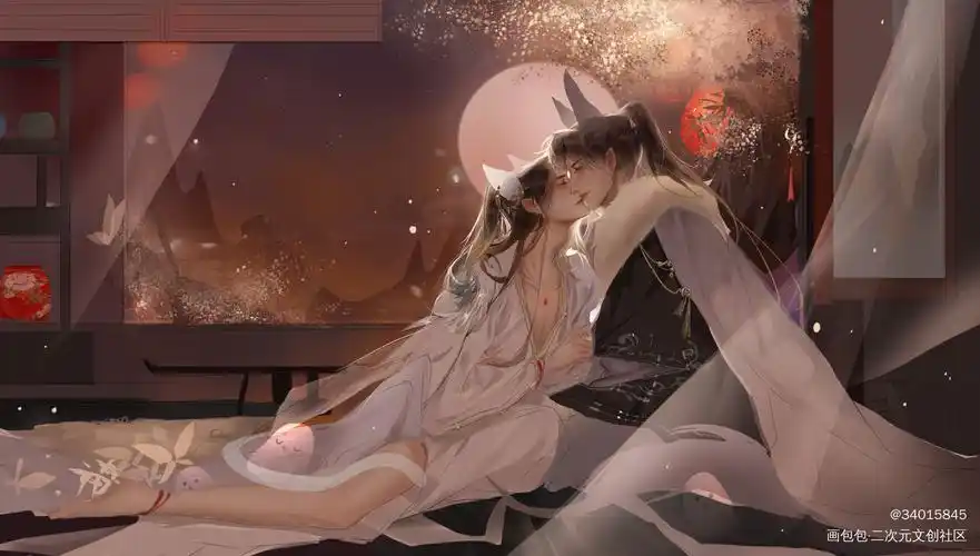 燃晚甜甜_二哈和他的白猫师尊燃晚古风厚涂绘画作品