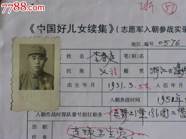 抗美援朝照片附《志愿军入朝参战实录》应征者简历表一份