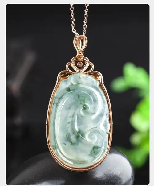 艾选潮品翡翠吊坠18k金镶嵌玉如意吊坠玉石玉坠如意吊坠