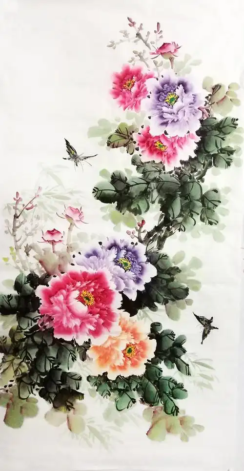 牡丹落款竖幅四尺字画手绘装饰花鸟国画特价国画