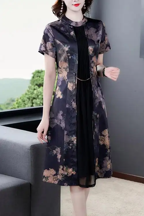 2020年新款女装夏装中国风重磅真丝桑蚕丝连衣裙收腰显瘦减龄气质