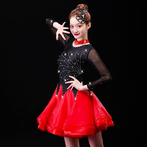 三步踩比赛表演服女新款拉丁舞裙吉特巴演出服舞蹈服装连衣裙镶钻