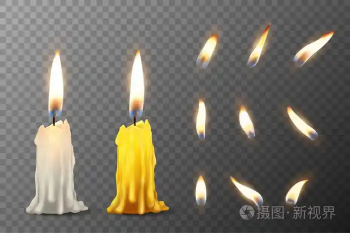 矢量3d 逼真的白色和橙色石蜡或蜡燃烧党蜡烛或蜡烛树桩和不同的火焰