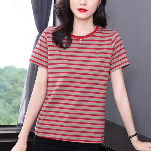 中年妈妈短袖t恤女夏季纯棉体恤上衣女新款宽松显瘦半袖条纹小衫