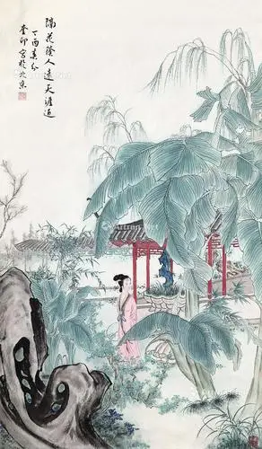 0055西厢记人物池塘梦晓镜片纸本