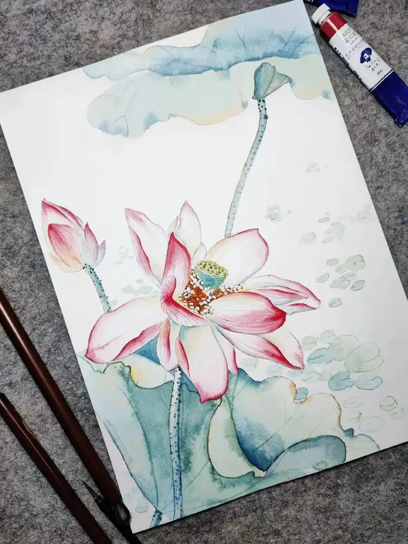 图文伙伴计划 #绘画 #水彩手绘 #荷花 - 抖音