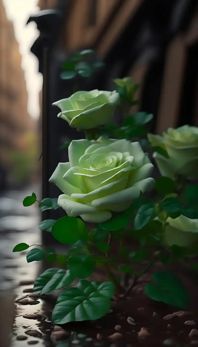 城市街道上,雨后,几朵绿色玫瑰花盛开,灯光,优质高清画面.# - 抖音