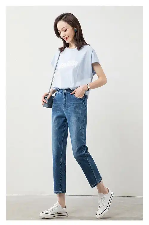 梦舒雅女裤浅色牛仔裤女宽松夏季薄款九分裤高腰宽松哈伦萝卜裤蓝色