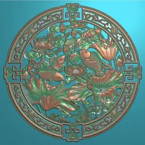 精雕图圆盘荷花鱼挂件挂屏挂饰浮雕图 年年有鱼灰度图带线 f5688