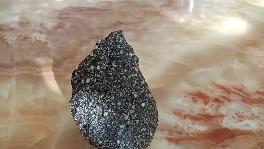 标本级的陨石,上面的橄榄颗粒明显,雪花状的斑晶结构.