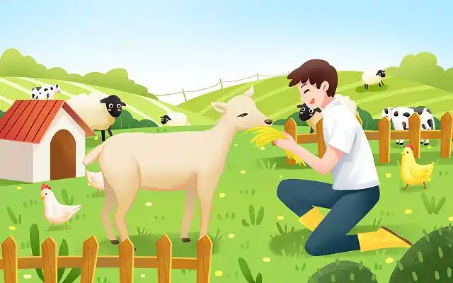 卡通手绘农场插画农场里给羊喂草的男子原创插画海报