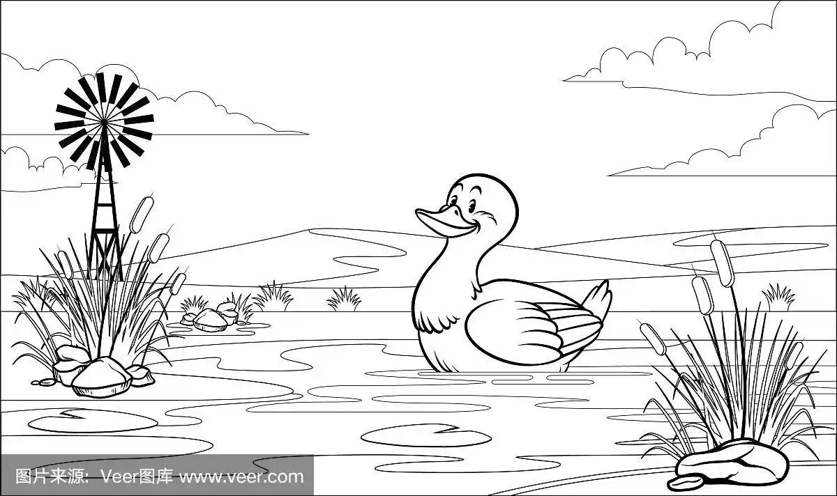黑白涂色页鸭在池塘