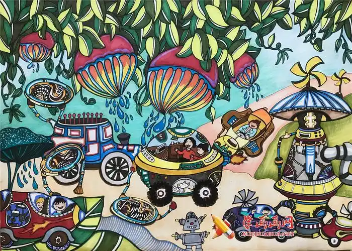一等奖小学生科幻画作品《绿色能源洗车房》