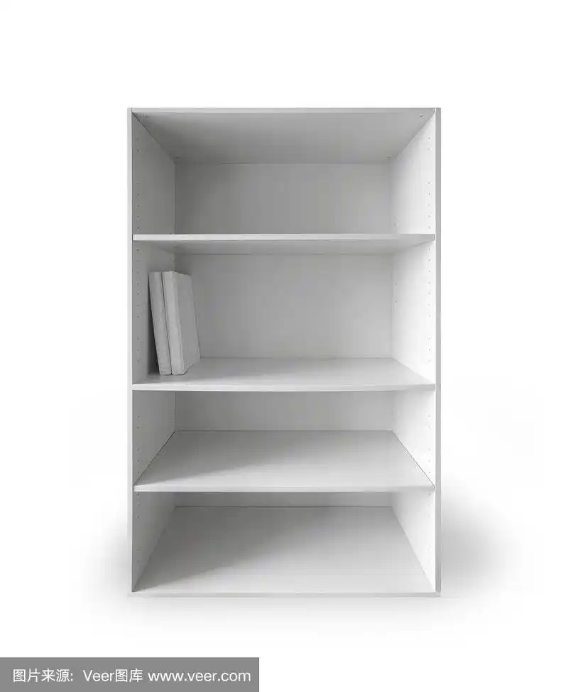 白色的橱柜,空书架和两本书
