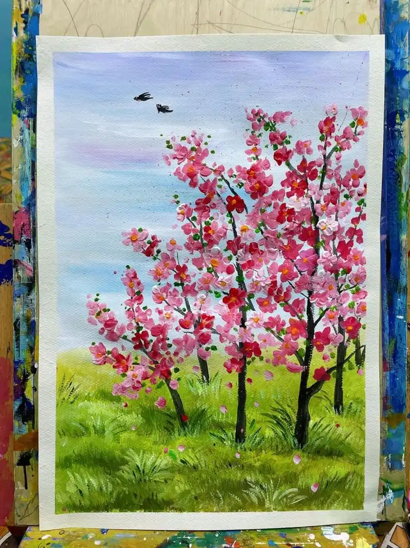 少儿水粉画春天走进桃花林|儿童水粉风景画