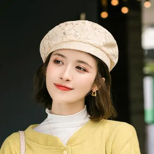 贝雷帽女春秋英伦复古日系百搭蕾丝薄款夏季画家帽蓓蕾帽子韩版潮662
