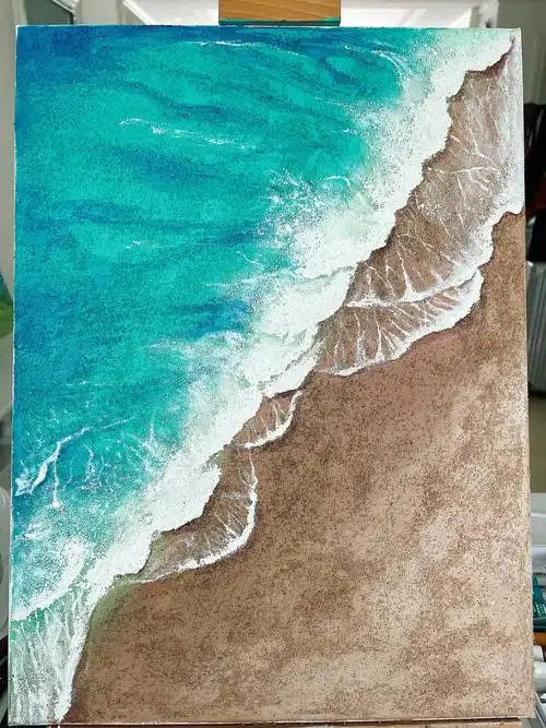 薄荷味的海滩丙烯肌理画